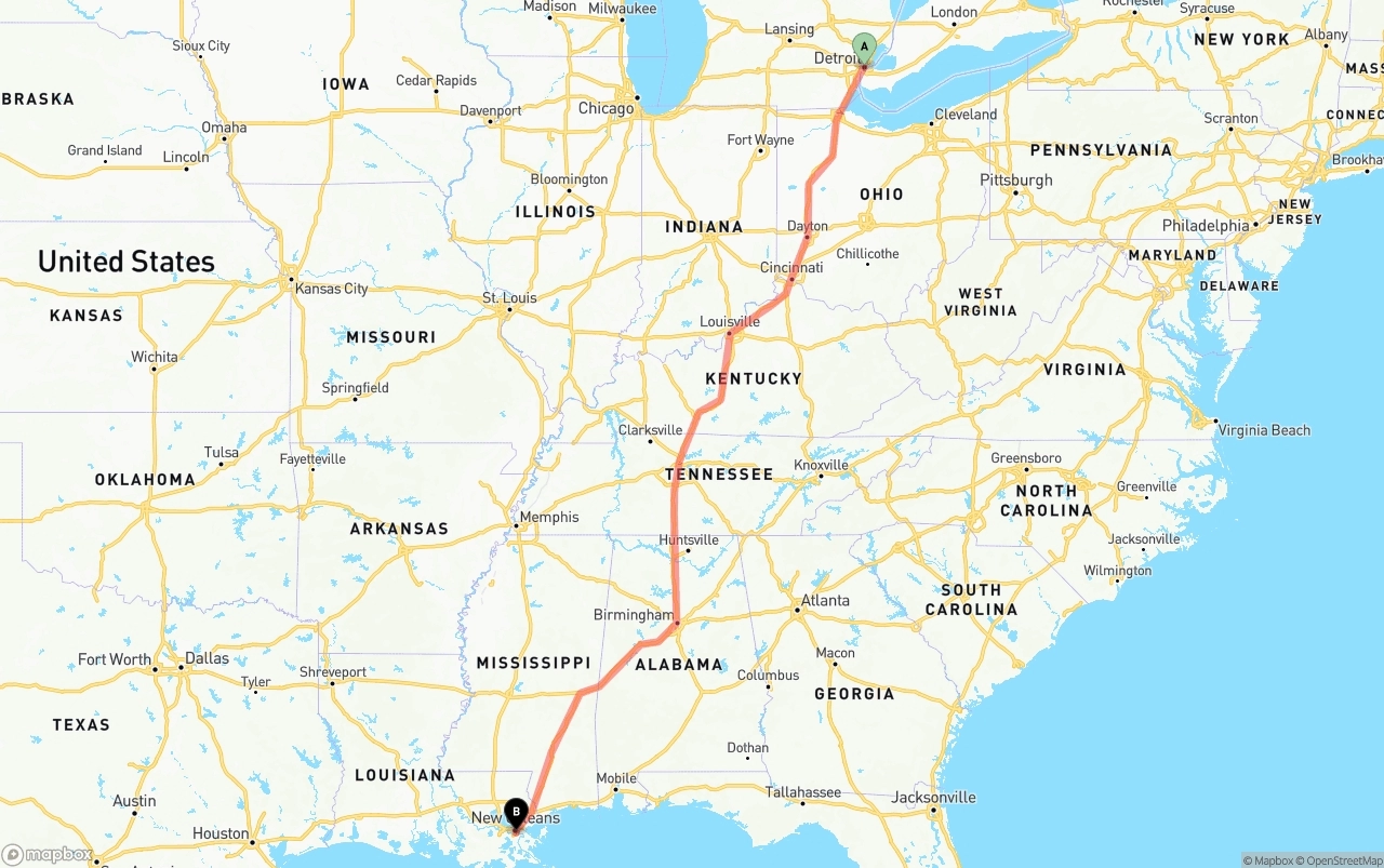 Shipping route from Detroit to Port of New Orleans