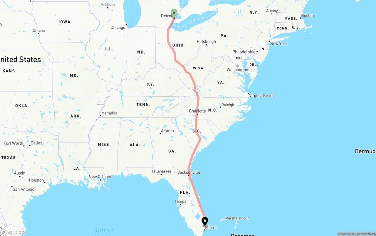 Shipping route from Detroit to Port of Port Everglades
