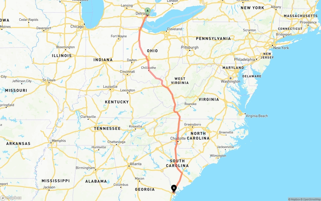 Shipping route from Detroit to Port of Savannah