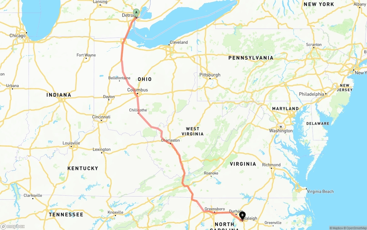 Shipping route from Detroit to Raleigh