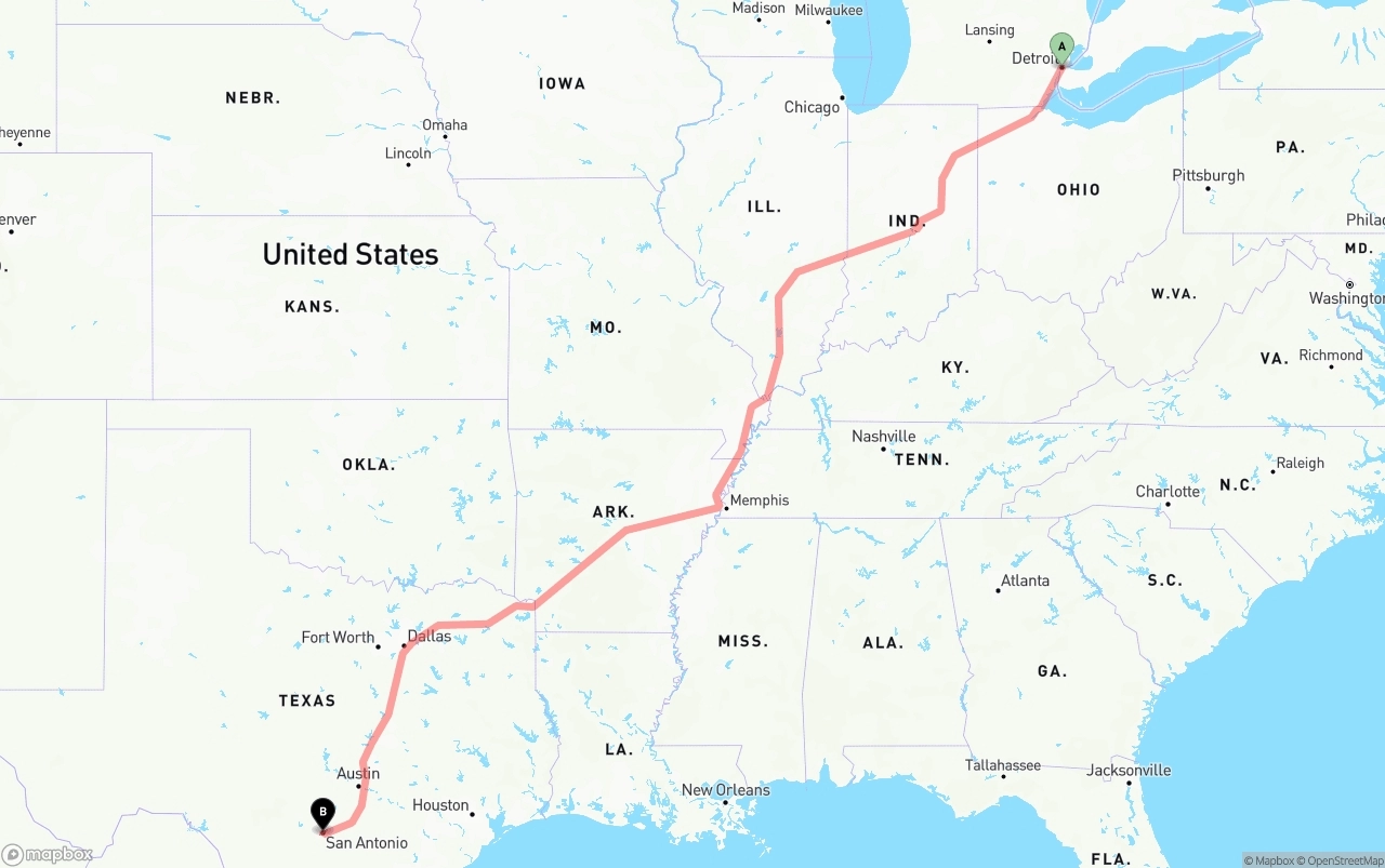 Shipping route from Detroit to San Antonio
