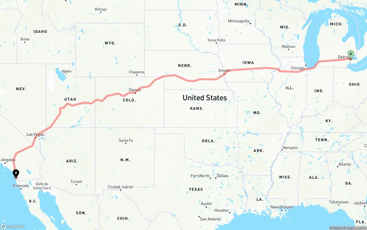 Shipping route from Detroit to San Diego
