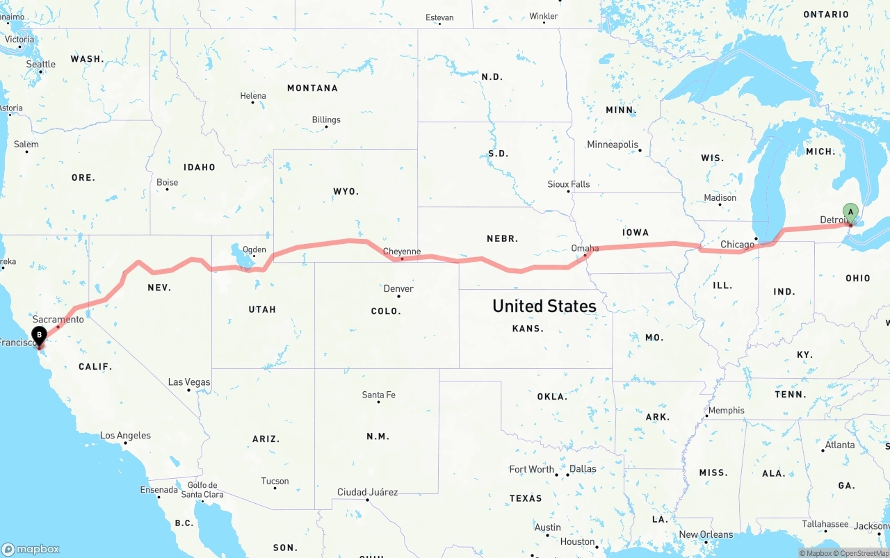 Shipping route from Detroit to San Francisco