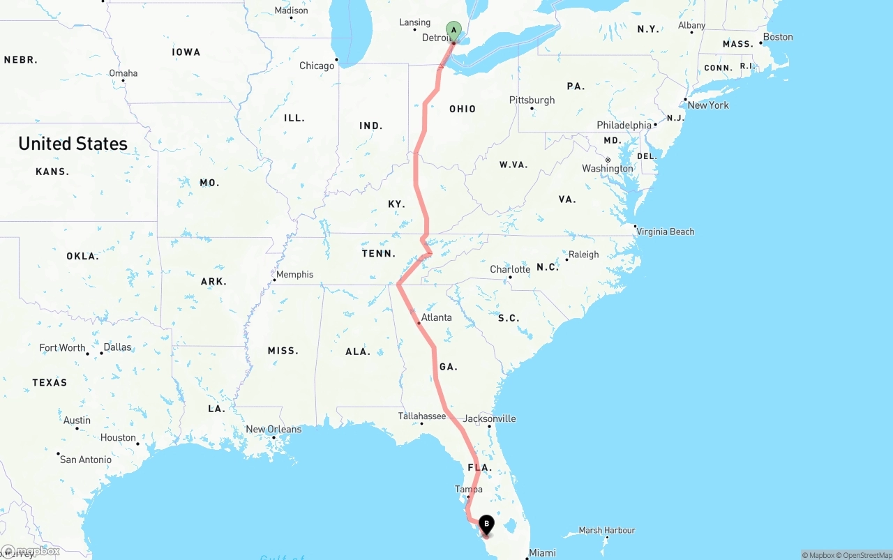 Shipping route from Detroit to Southwest Florida International Airport