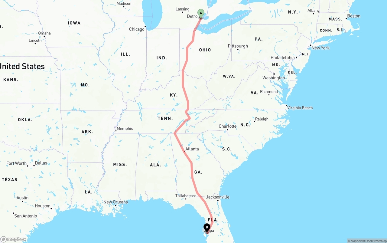 Shipping route from Detroit to Tampa International Airport