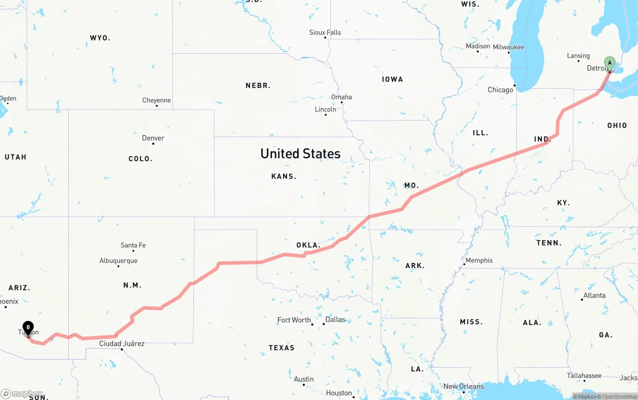 Shipping route from Detroit to Tucson