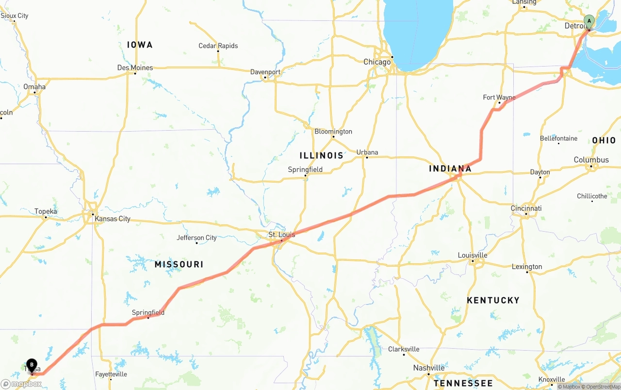 Shipping route from Detroit to Tulsa