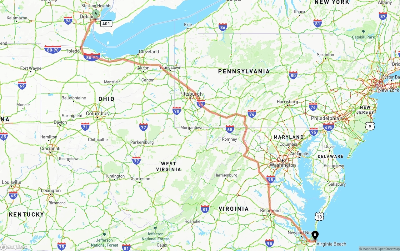 Shipping route from Detroit to Virginia Beach