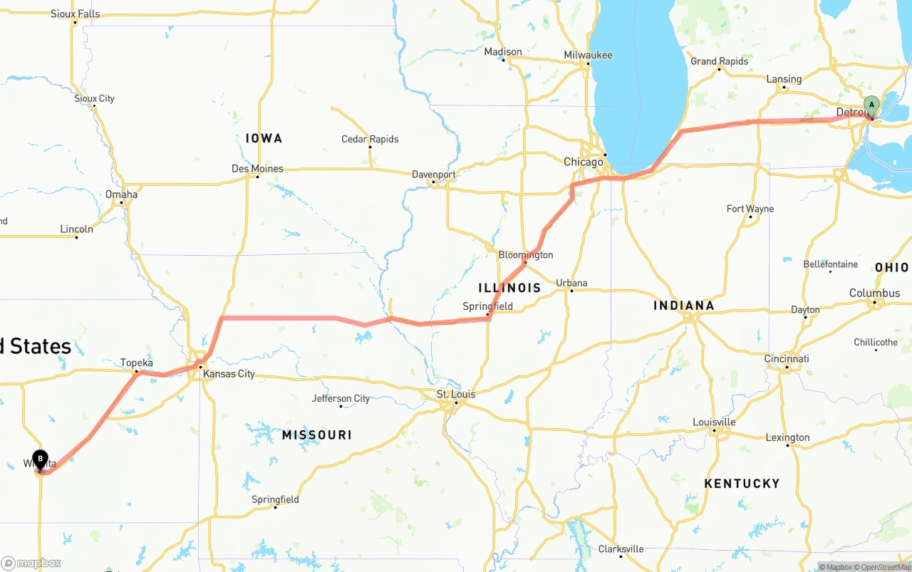 Shipping route from Detroit to Wichita