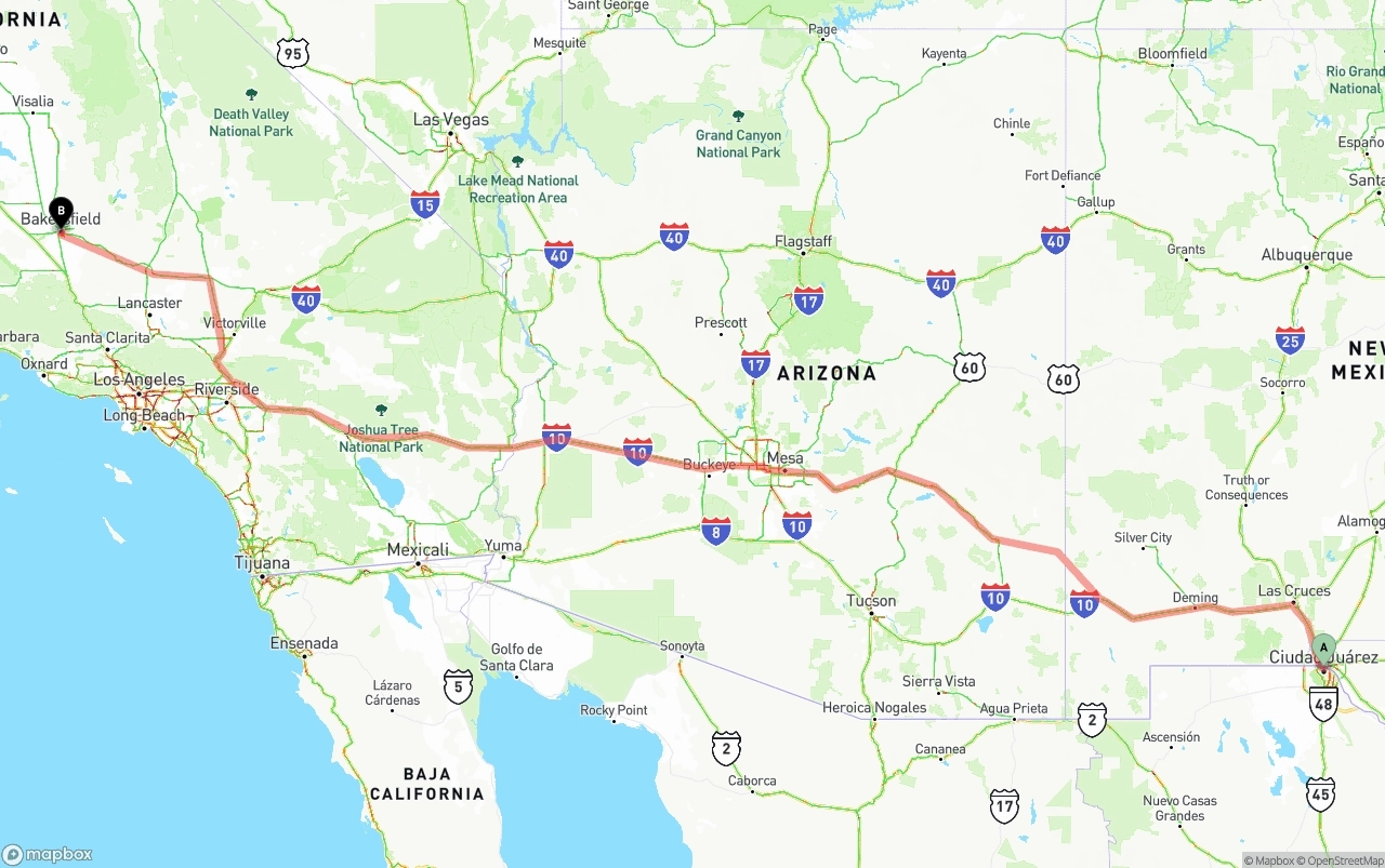 Shipping route from El Paso to Bakersfield