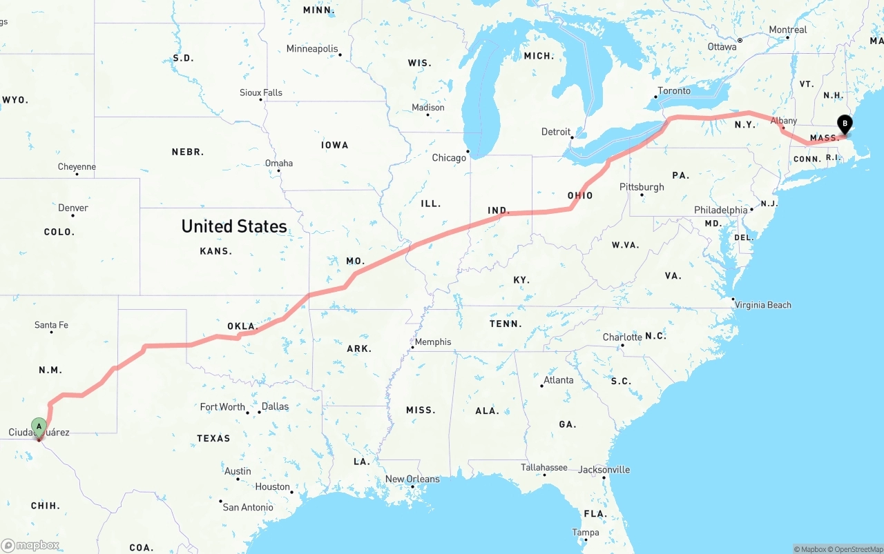 Shipping route from El Paso to Boston