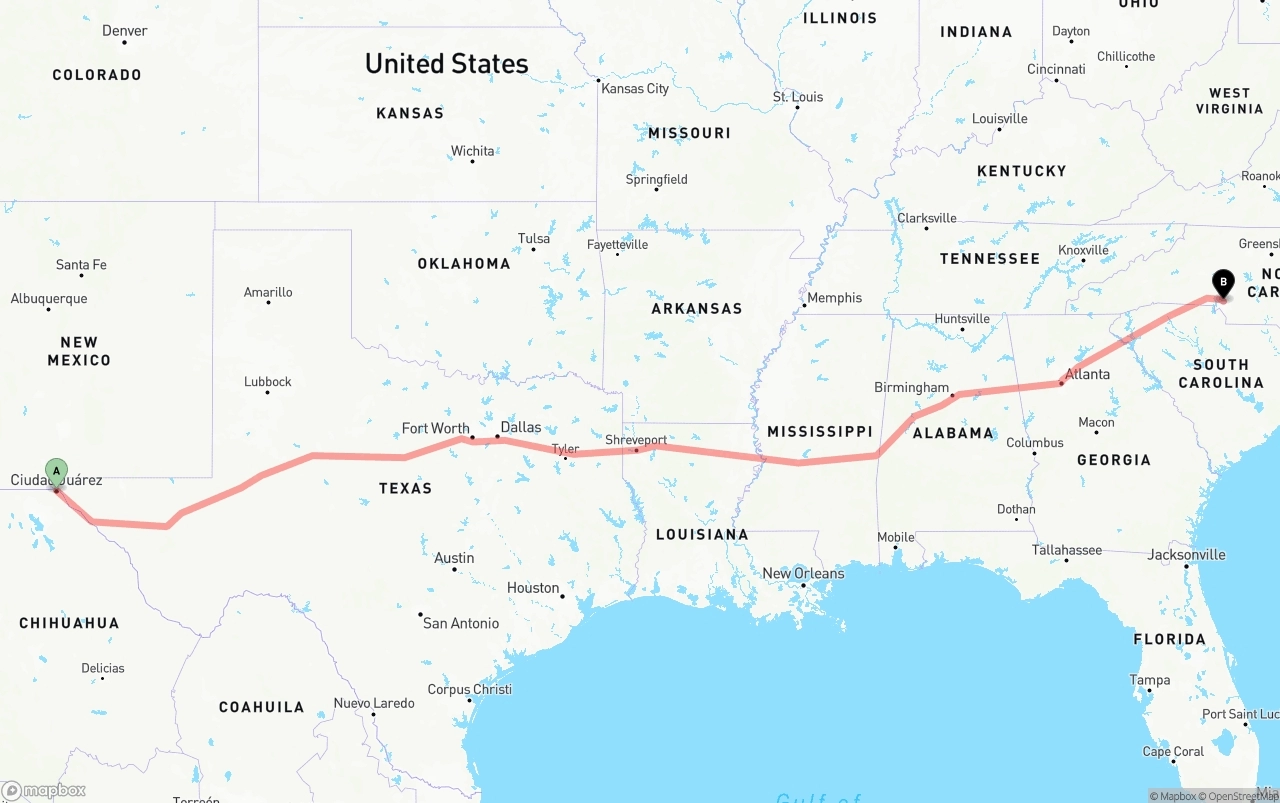 Shipping route from El Paso to Charlotte