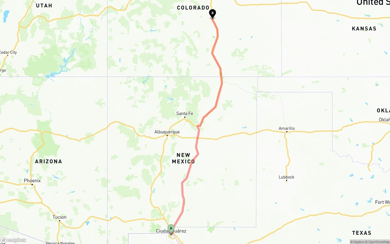 Shipping route from El Paso to Colorado Springs