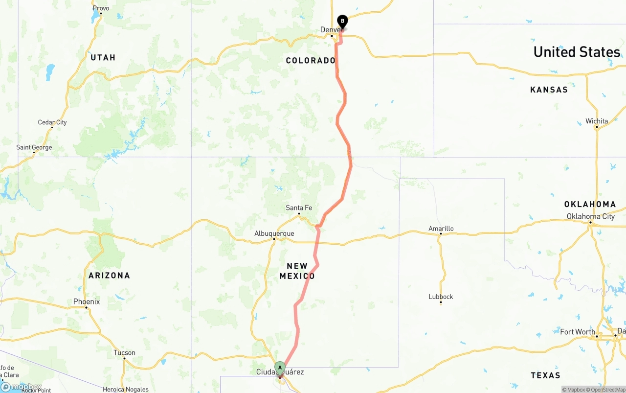 Shipping route from El Paso to Denver International Airport