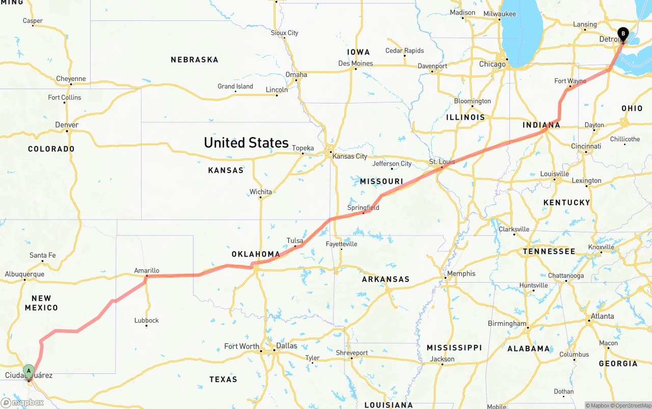 Shipping route from El Paso to Detroit