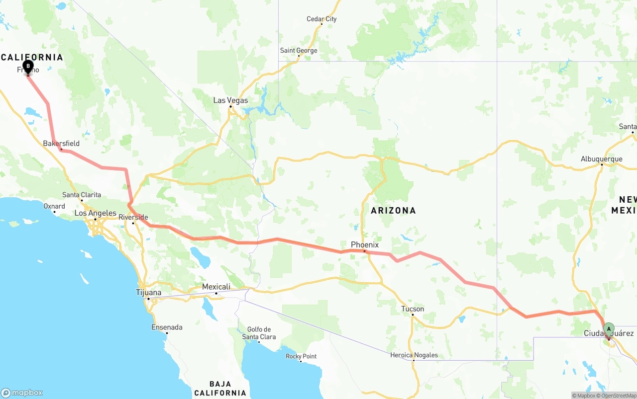 Shipping route from El Paso to Fresno
