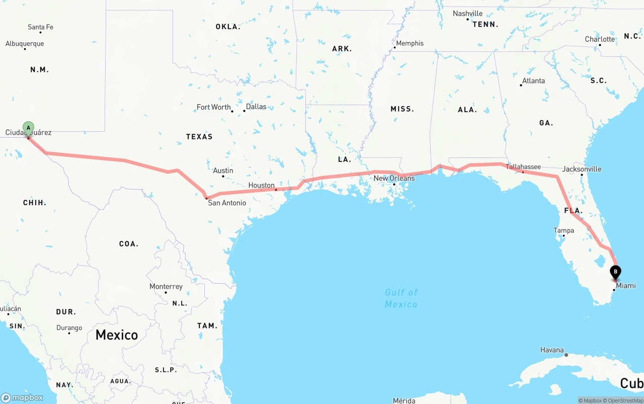 Shipping route from El Paso to Ft. Lauderdale