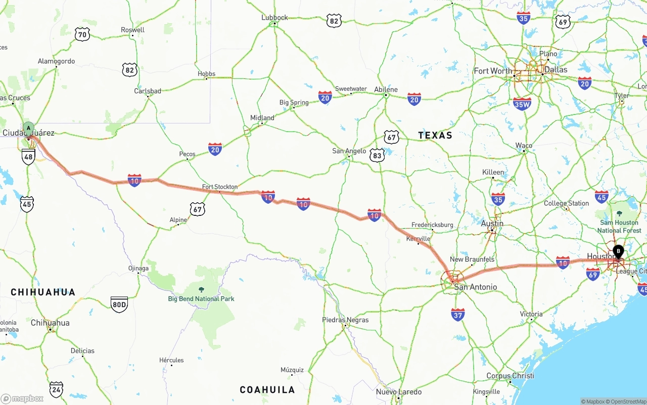 Shipping route from El Paso to Houston