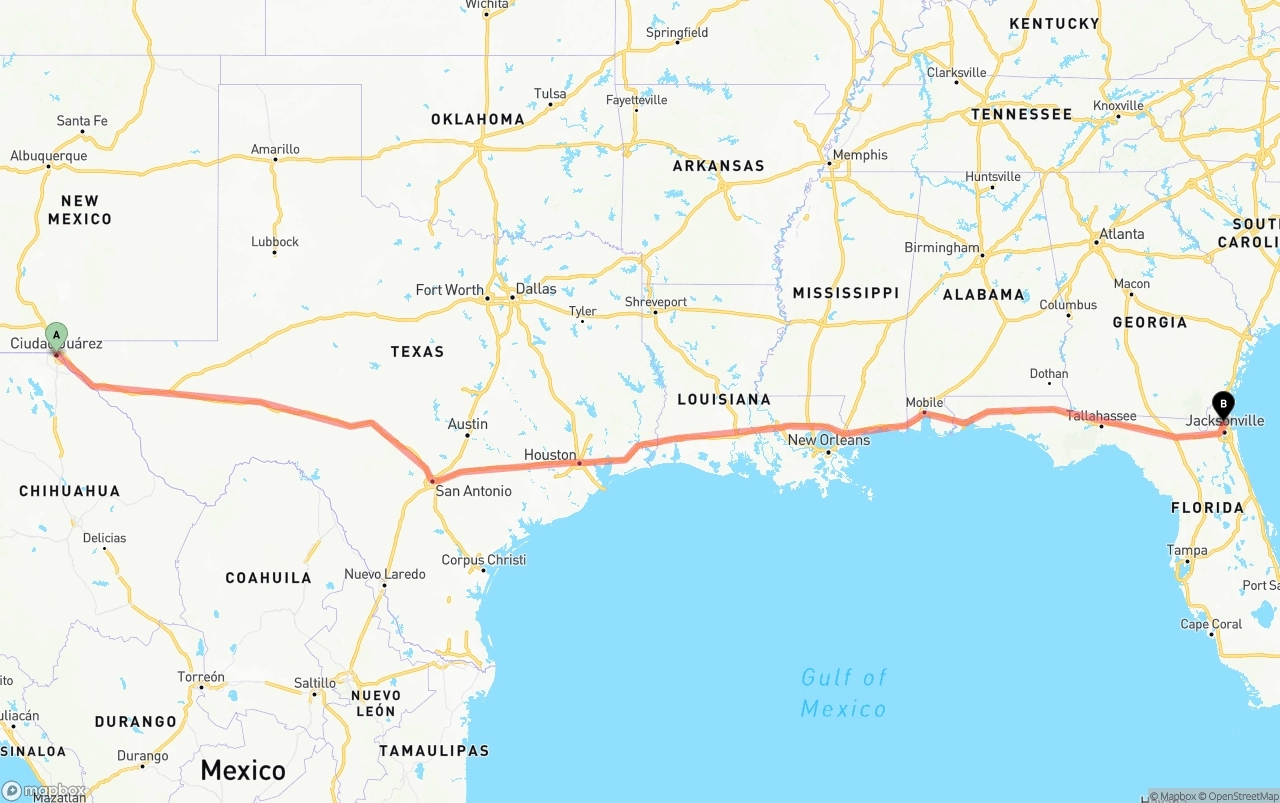 Shipping route from El Paso to Jacksonville International Airport