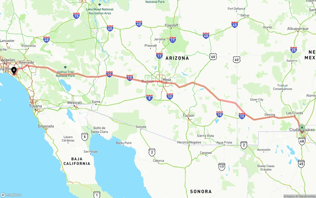 Shipping route from El Paso to John Wayne Airport — Orange County