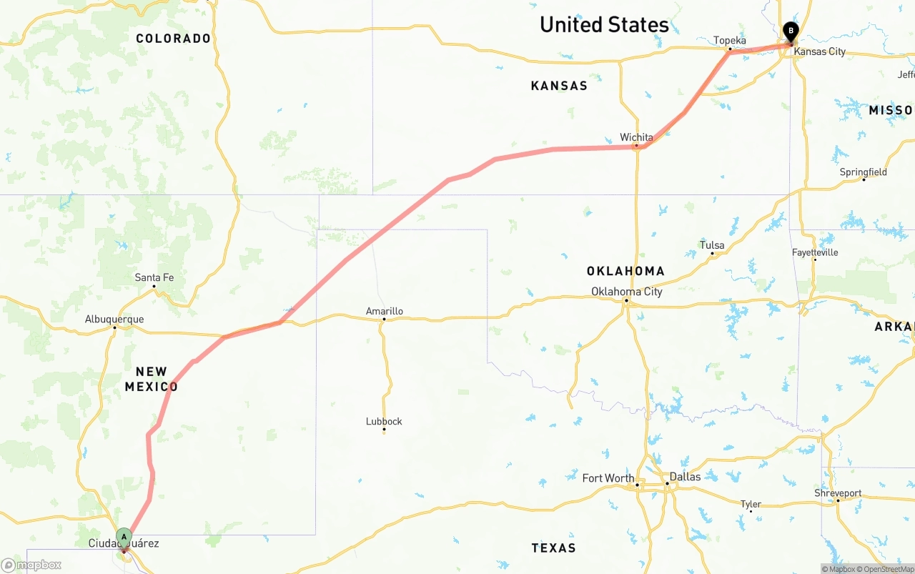 Shipping route from El Paso to Kansas City