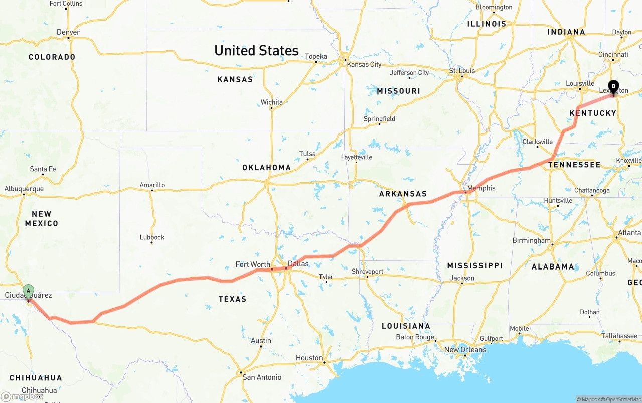 Shipping route from El Paso to Lexington