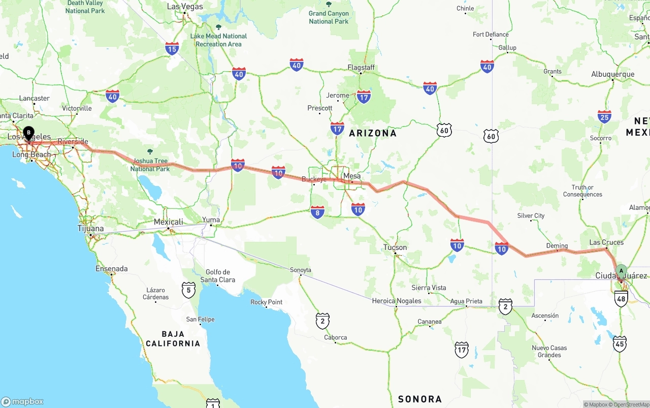 Shipping route from El Paso to Los Angeles