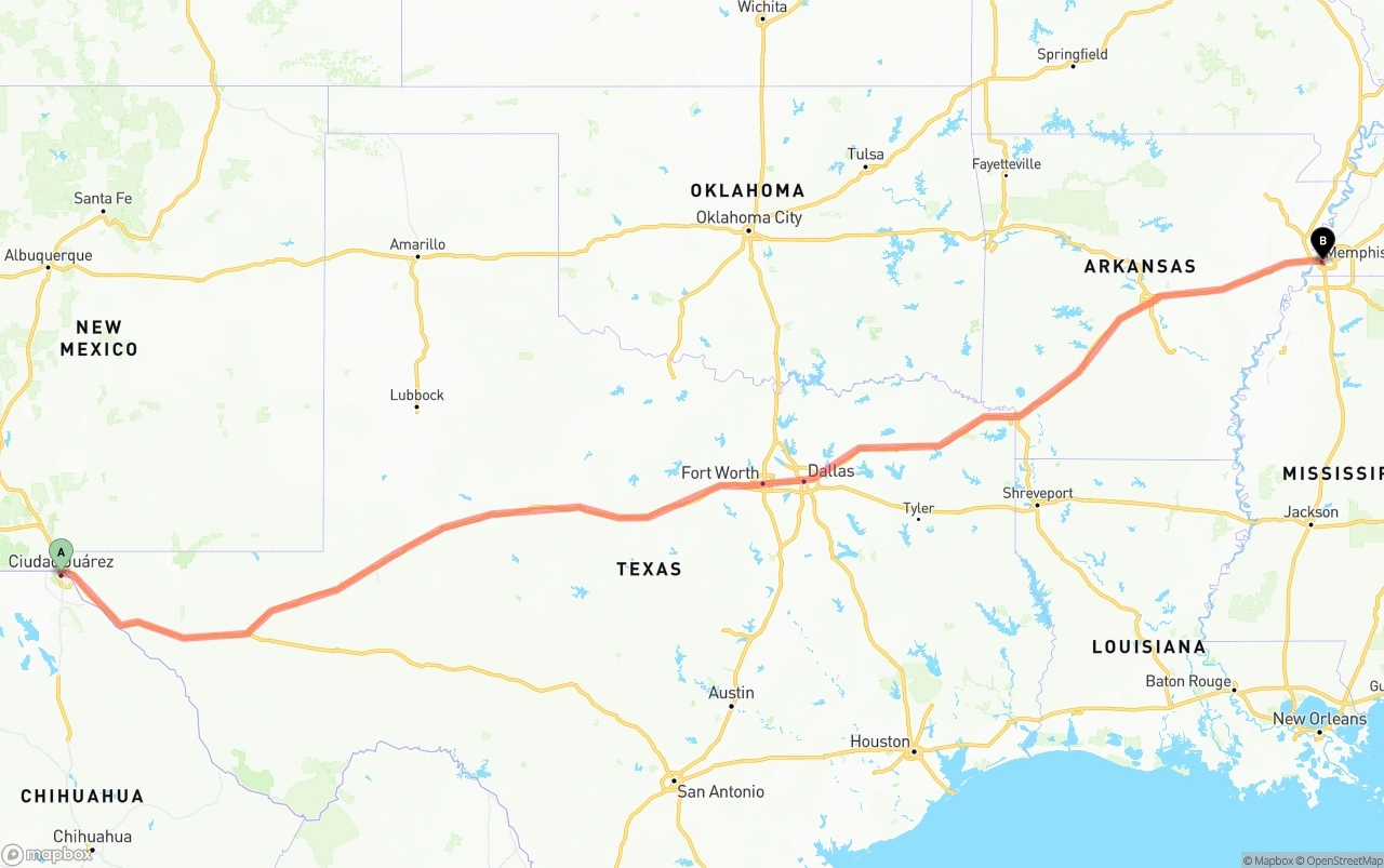 Shipping route from El Paso to Memphis