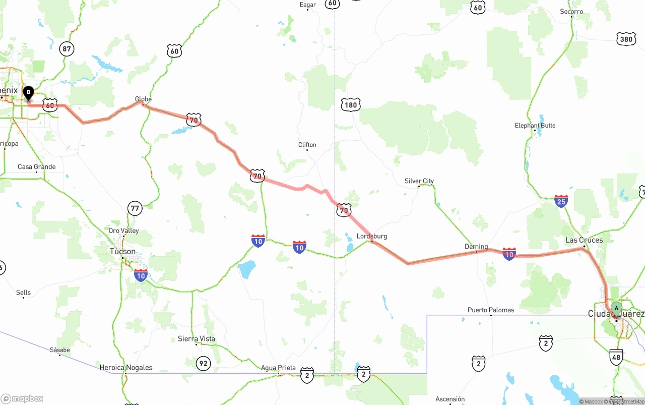 Shipping route from El Paso to Mesa