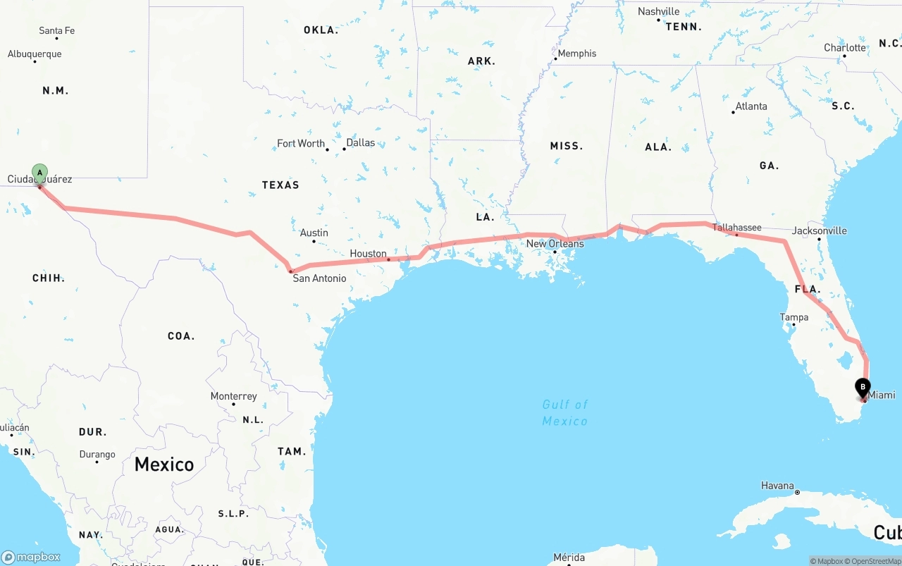 Shipping route from El Paso to Miami International Airport