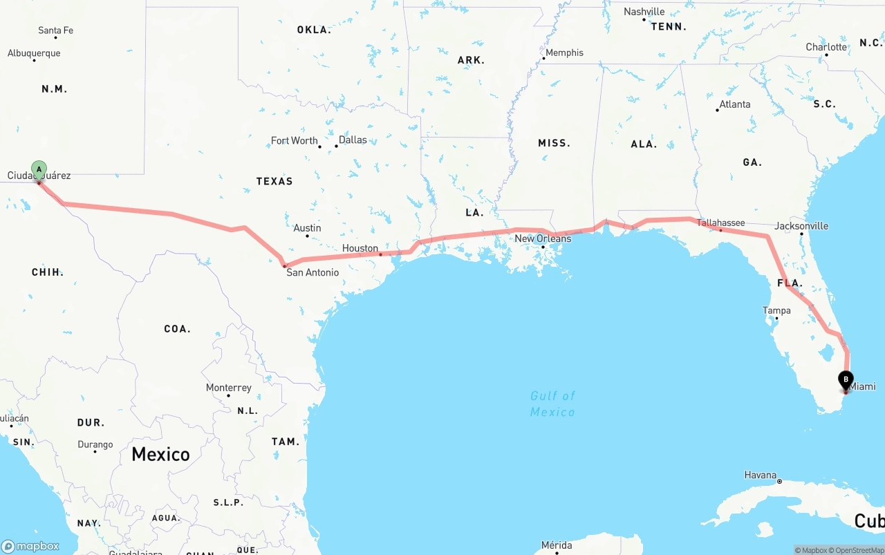 Shipping route from El Paso to Miami