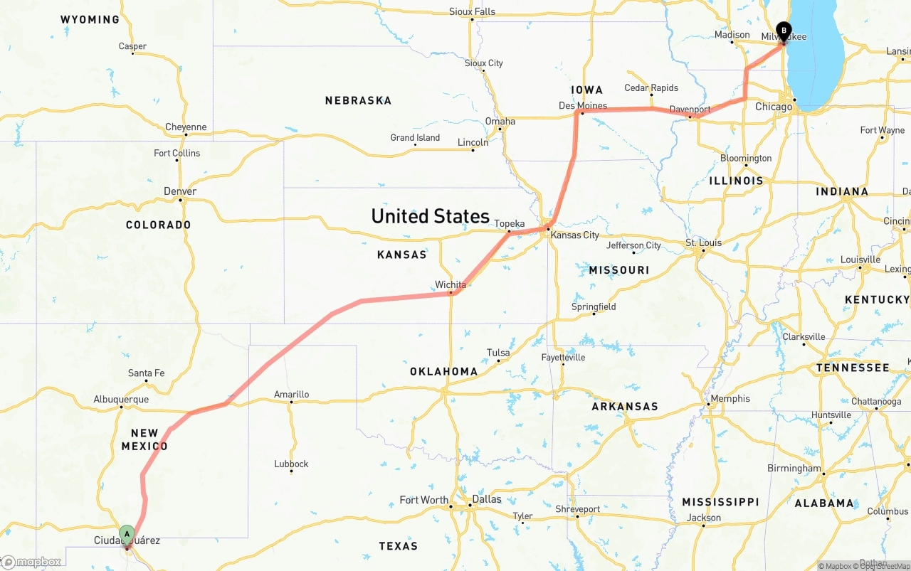 Shipping route from El Paso to Milwaukee
