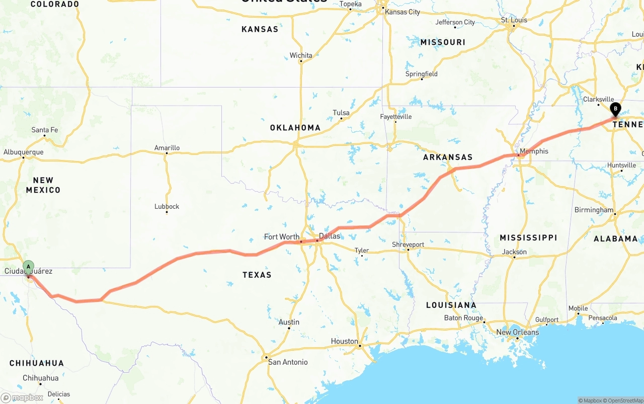 Shipping route from El Paso to Nashville