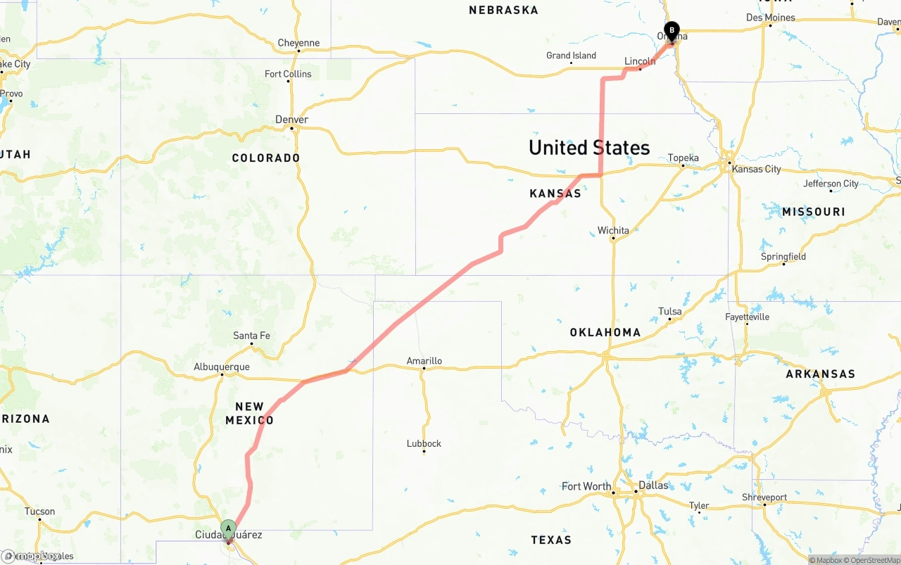 Shipping route from El Paso to Omaha
