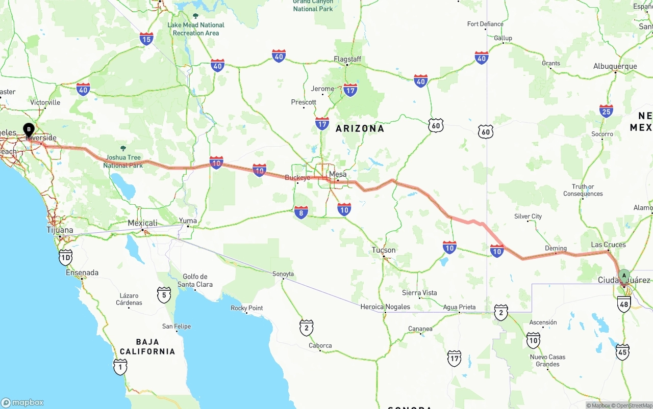 Shipping route from El Paso to Ontario International Airport
