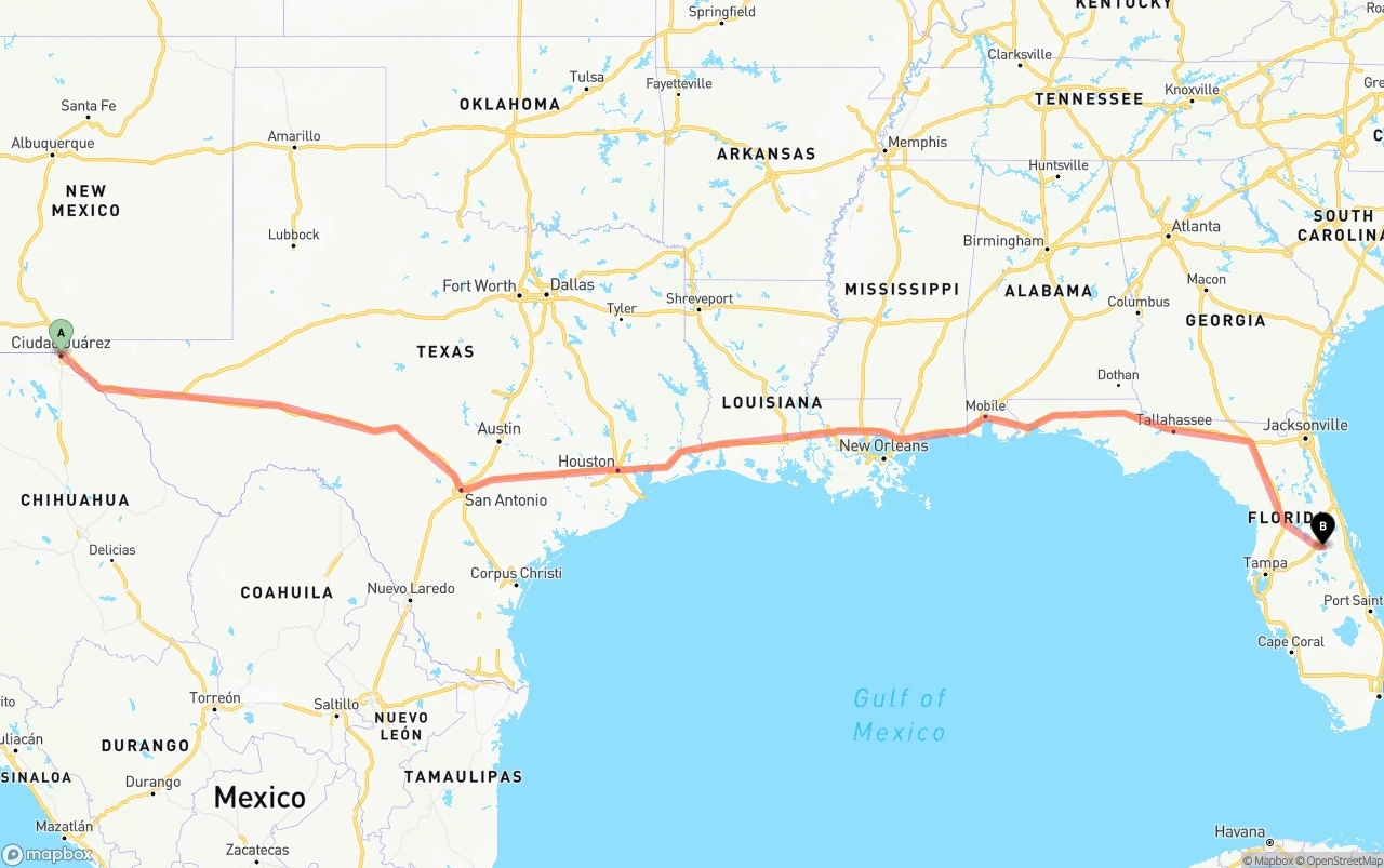 Shipping route from El Paso to Orlando International Airport
