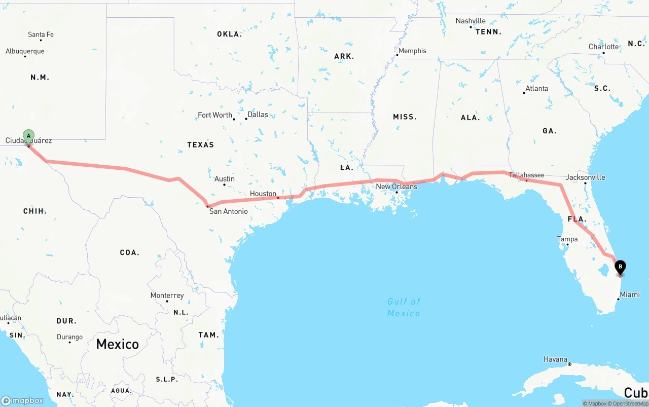 Shipping route from El Paso to Palm Beach International Airport