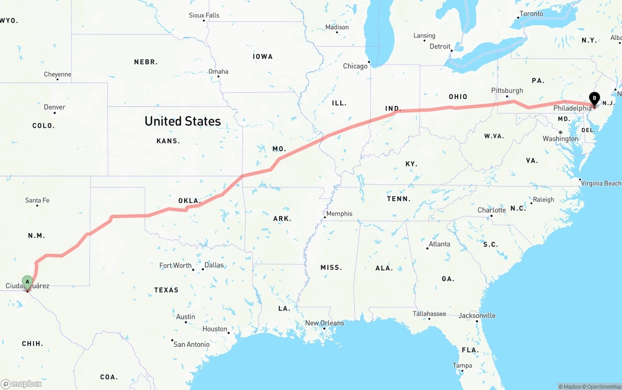 Shipping route from El Paso to Philadelphia