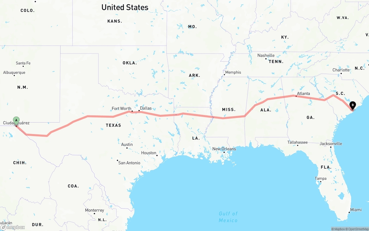 Shipping route from El Paso to Port of Charleston