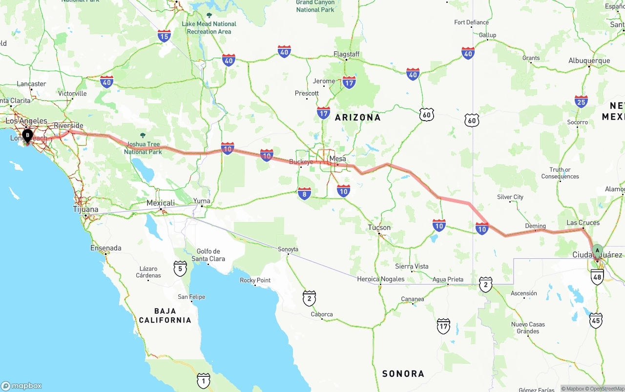 Shipping route from El Paso to Port of Long Beach