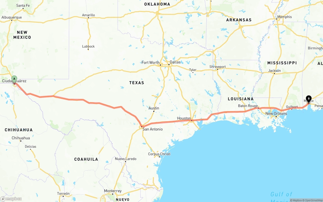 Shipping route from El Paso to Port of Mobile
