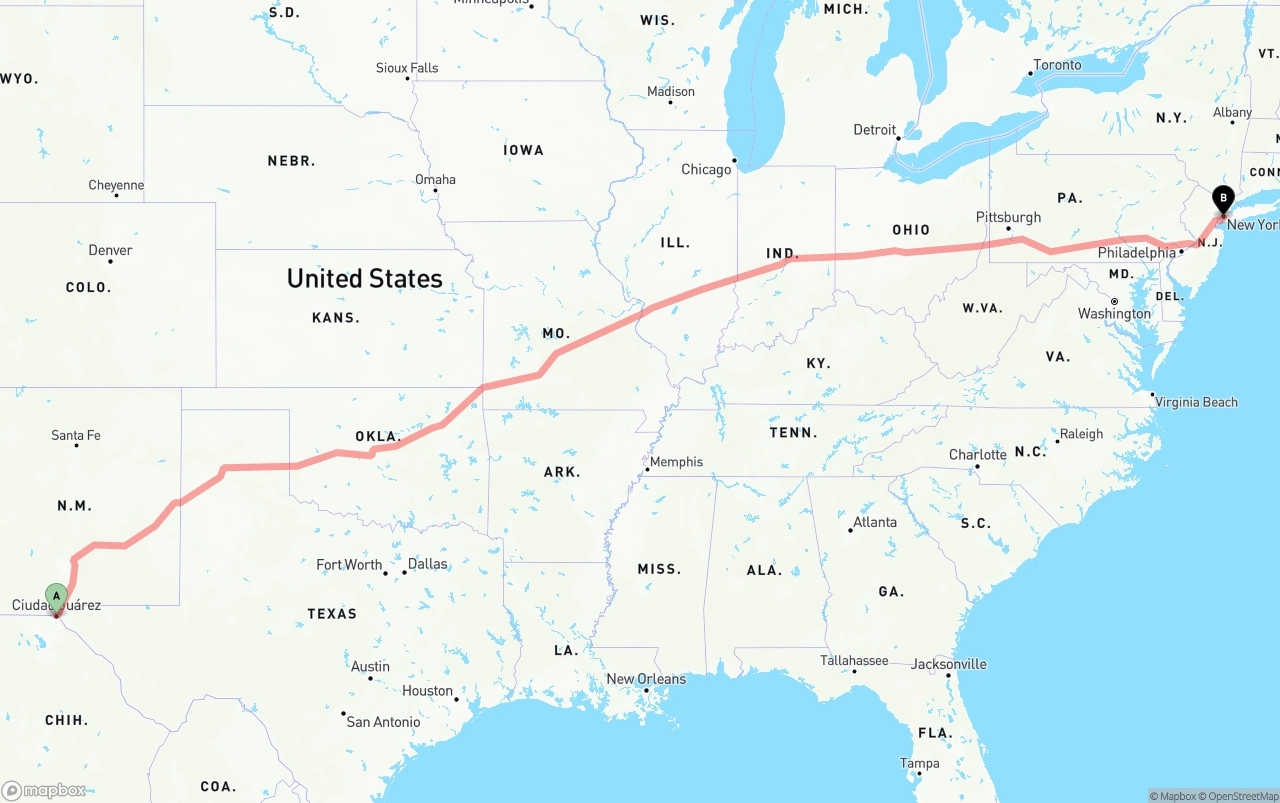 Shipping route from El Paso to Port of New York