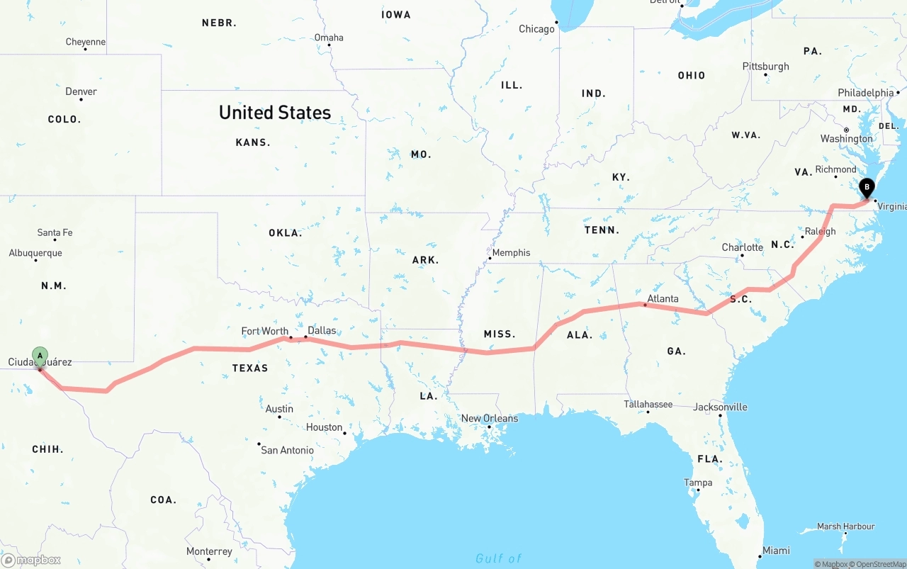 Shipping route from El Paso to Port of Norfolk