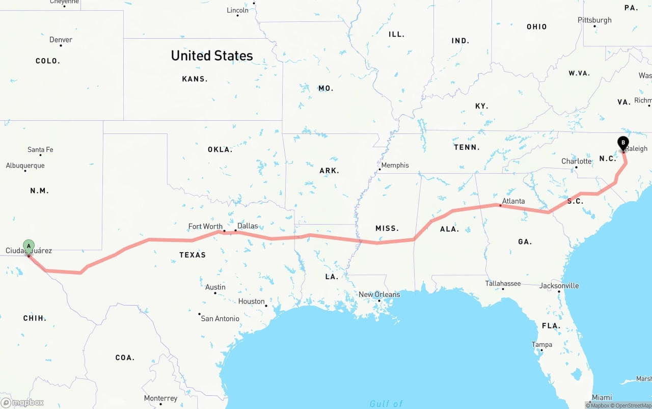 Shipping route from El Paso to Raleigh