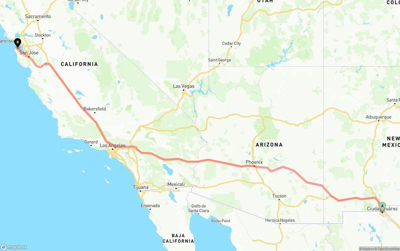 Shipping route from El Paso to San Francisco International Airport