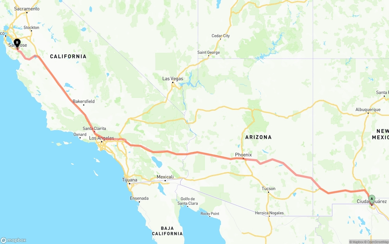 Shipping route from El Paso to San Jose