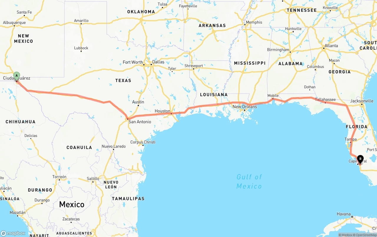 Shipping route from El Paso to Southwest Florida International Airport