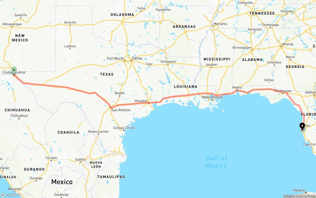 Shipping route from El Paso to St. Petersburg
