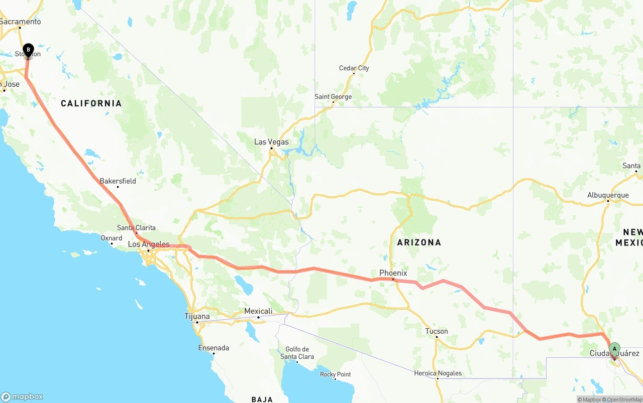 Shipping route from El Paso to Stockton