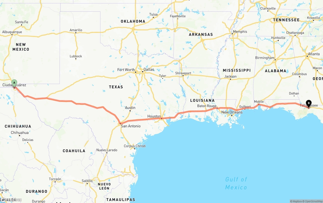 Shipping route from El Paso to Tallahassee